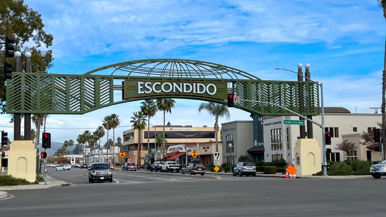 A sunny residential street in Escondido, California.